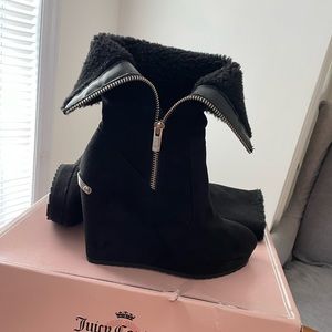 Juicy Couture Black Suede Mid Calf or Fold Over Wedge Boots, Size 8
